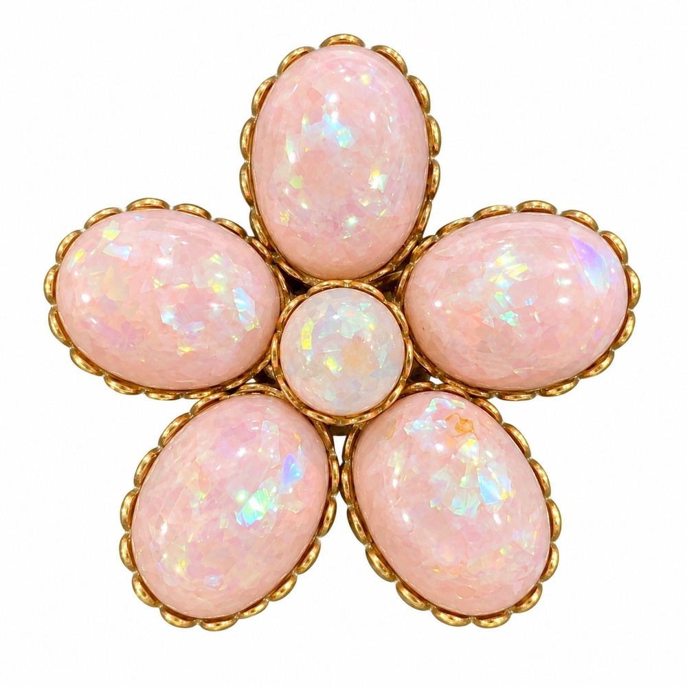 Coro Brooch Vtg Pink Faux Opal Flower Gold Tone Iridescent Floral Pin 1.75"